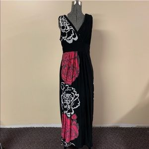 Large Blooming Rose Black Pink & White Floral Maxi V Neck Dress